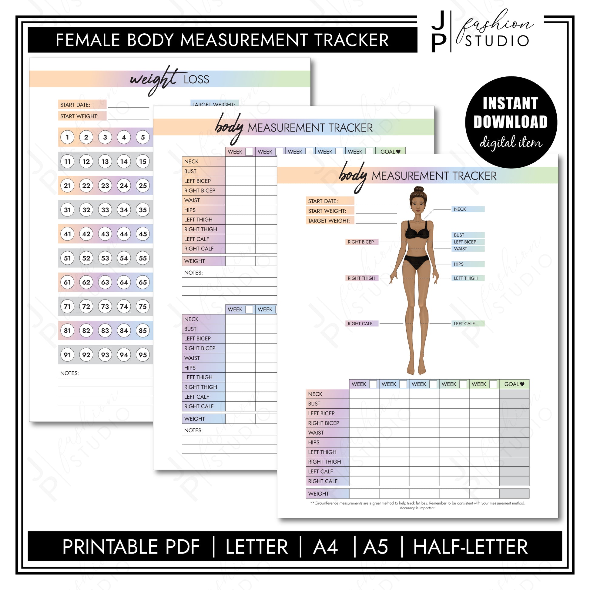 PRINTABLE Female Body Measurement Tracker, Weight Loss Tracker Printable, Weight Loss Planner, Diet Planner, Printable PDF, A4, A5, US Letter, Half Letter (Copy) - JPFashionStudio