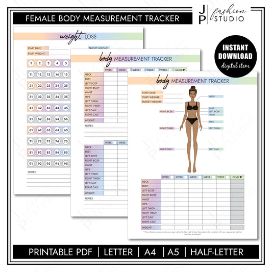 PRINTABLE Female Body Measurement Tracker, Weight Loss Tracker Printable, Weight Loss Planner, Diet Planner, Printable PDF, A4, A5, US Letter, Half Letter (Copy) - JPFashionStudio