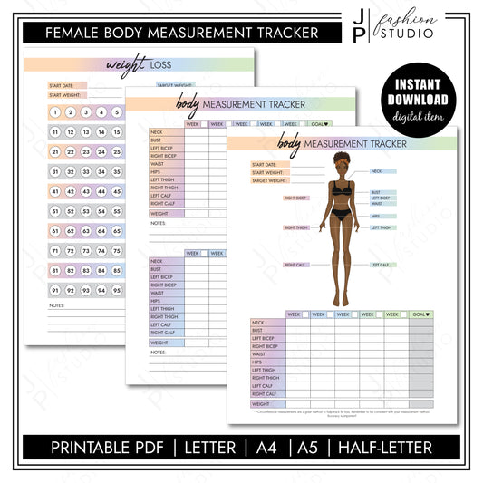 PRINTABLE Body Measurement Tracker for Black Women, Weight Loss Tracker Printable, African American Planner, Weight Loss Planner, Diet Planner, Rainbow Planner, Printable PDF, A4, A5, US Letter, Half Letter - JPFashionStudio