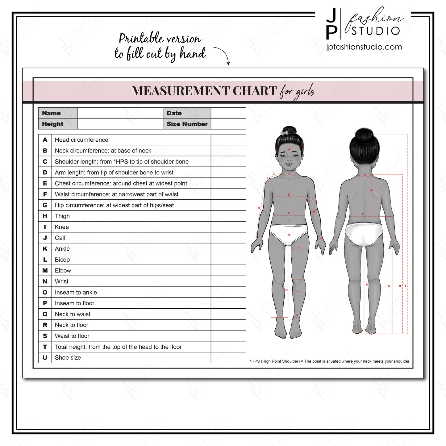 PRINTABLE Girls Body Measurement Sheet , Kids Fashion Designer Template, Kids Measuring , Sewing Measurement Sheet , PDF , JPG
