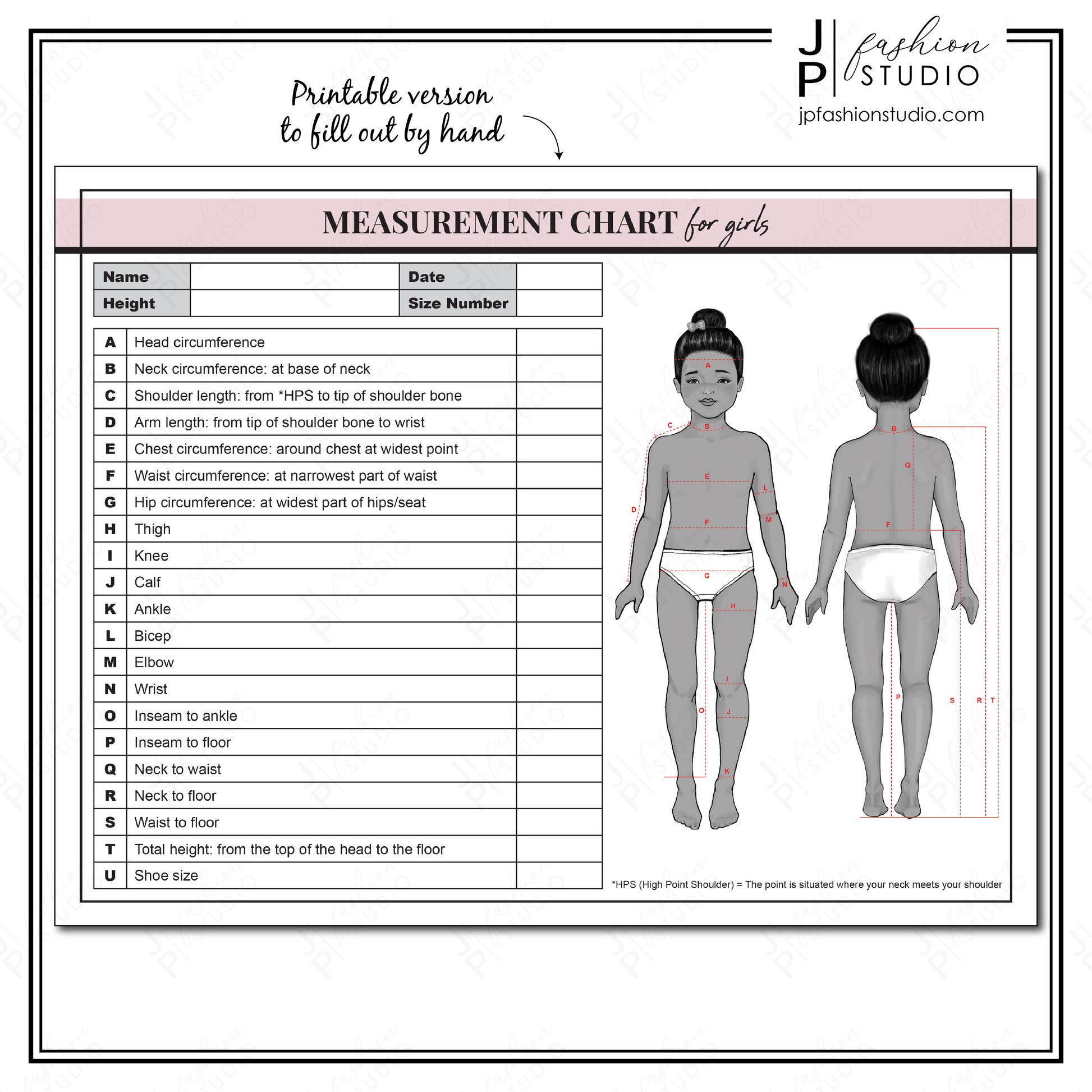 PRINTABLE Girls Body Measurement Sheet , Kids Fashion Designer Template, Kids Measuring , Sewing Measurement Sheet , PDF , JPG