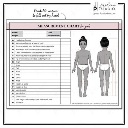 PRINTABLE Girls Body Measurement Sheet , Kids Fashion Designer Template, Kids Measuring , Sewing Measurement Sheet , PDF , JPG