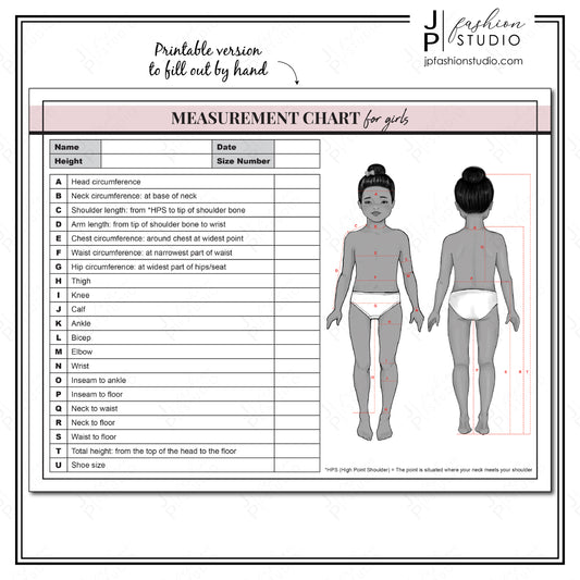 PRINTABLE Girls Body Measurement Sheet , Kids Fashion Designer Template, Kids Measuring , Sewing Measurement Sheet , PDF , JPG