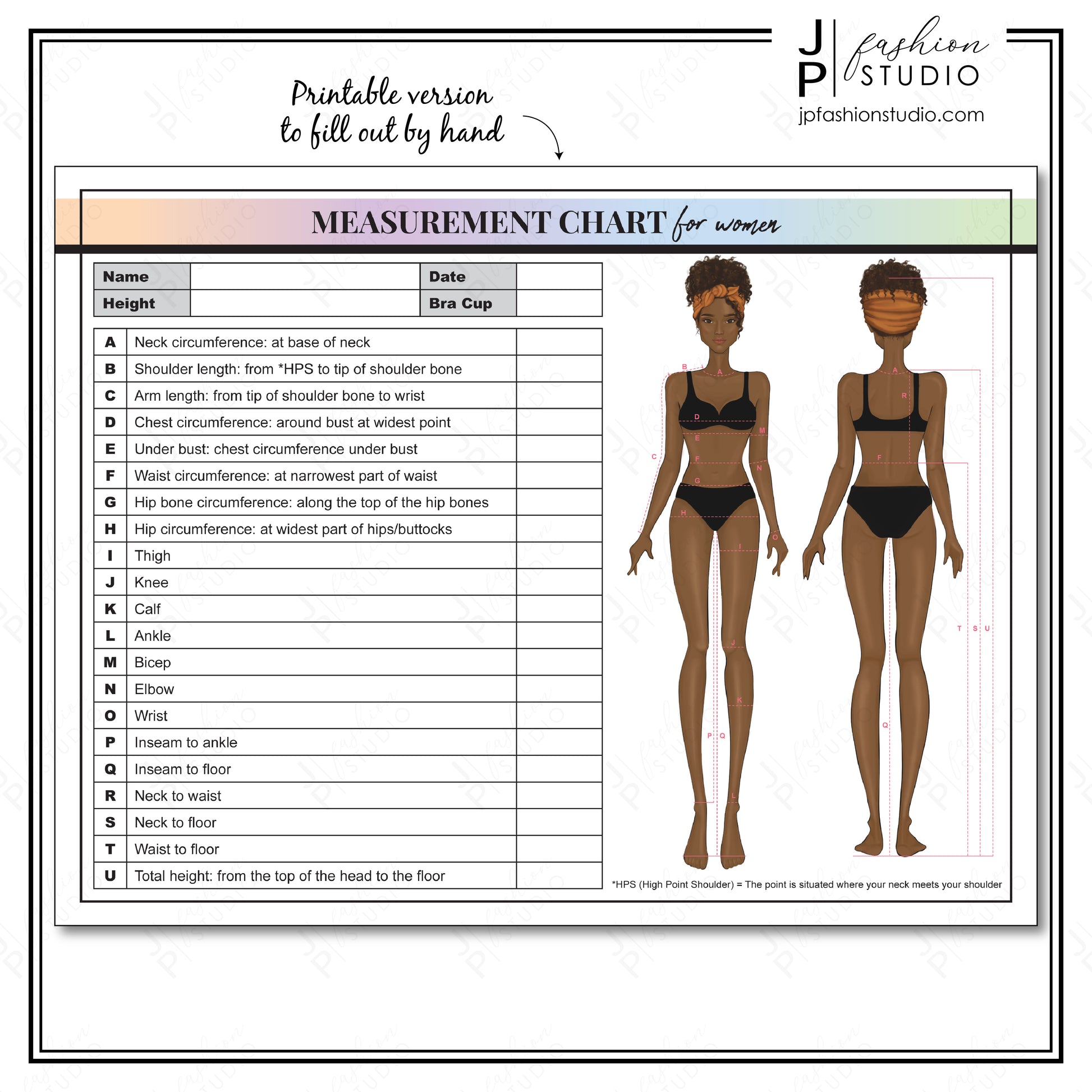 PRINTABLE Body Measurement Sheet for Black Women, Fashion Designer Template, African American, Sewing Measurement Sheet, PDF, JPG