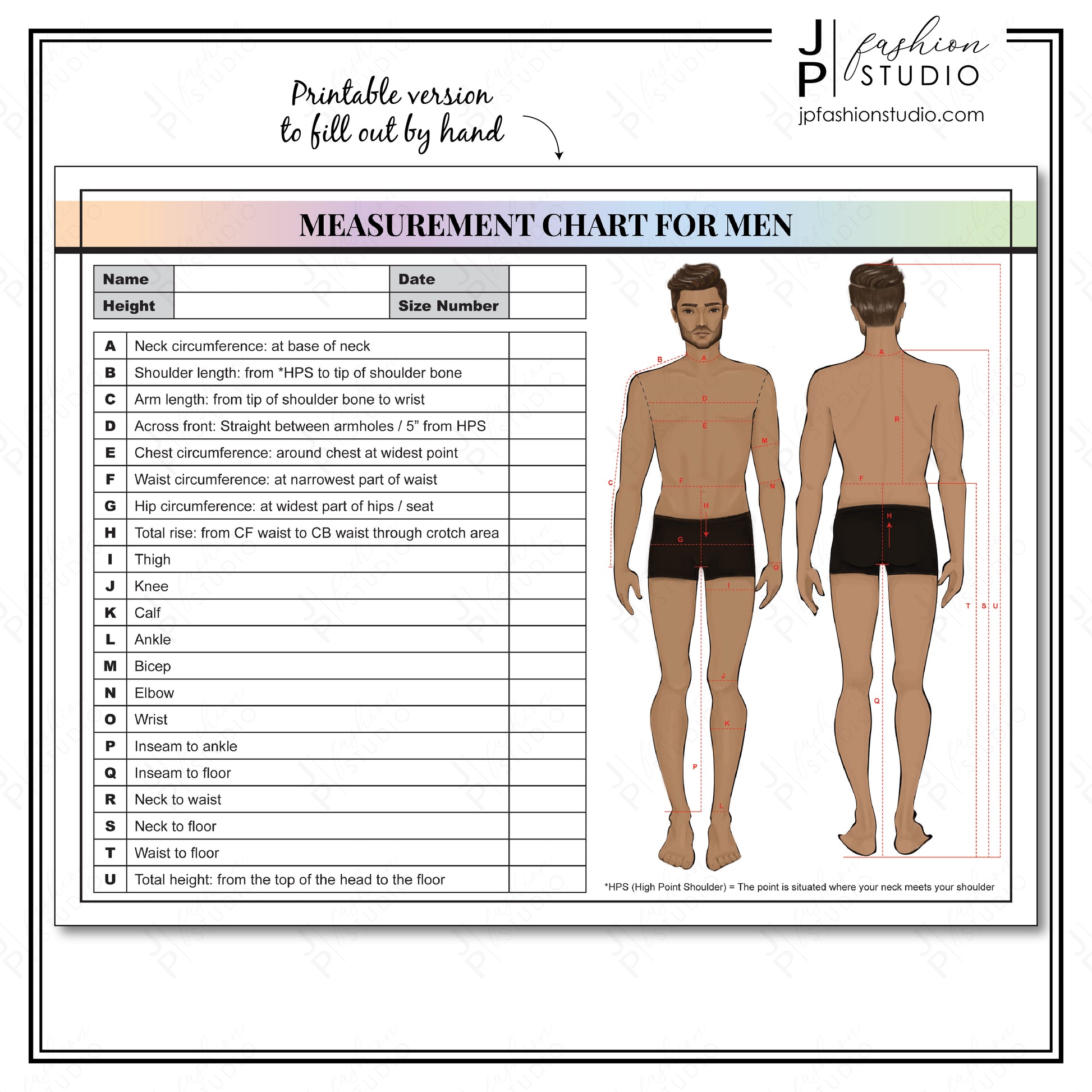 PRINTABLE Men's Body Measurement Sheet, Fashion Designer Template, Sewing Measurement Sheet , PDF , JPG