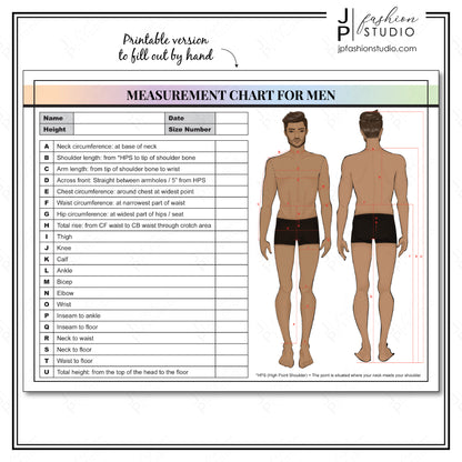 PRINTABLE Men's Body Measurement Sheet, Fashion Designer Template, Sewing Measurement Sheet , PDF , JPG