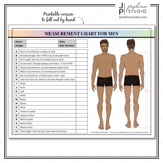 PRINTABLE Men's Body Measurement Sheet, Fashion Designer Template, Sewing Measurement Sheet , PDF , JPG