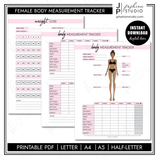 PRINTABLE Female Body Measurement Tracker, Weight Loss Tracker Printable, Weight Loss Planner, Diet Planner, PDF, A4, A5, US Letter, Half Letter