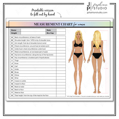 PRINTABLE Women Body Measurement Sheet, Fashion Designer Template, Sewing Measurement Sheet, Body Contouring, PDF, JPG, Blond Women