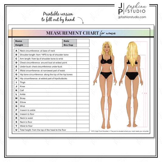 PRINTABLE Women Body Measurement Sheet, Fashion Designer Template, Sewing Measurement Sheet, Body Contouring, PDF, JPG, Blond Women
