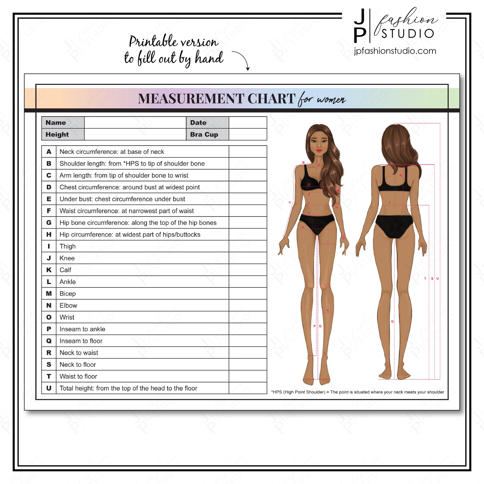 PRINTABLE Women Body Measurement Sheet, Fashion Designer Template, Sewing Measurement Sheet, Body Contouring, PDF, JPG, Chart with Long Brown Hair Women
