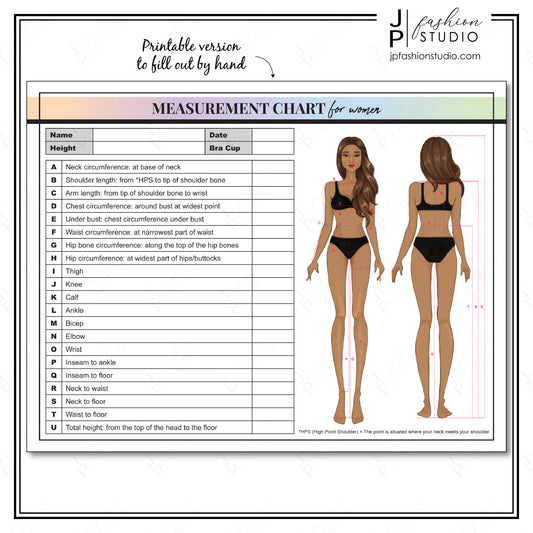 PRINTABLE Women Body Measurement Sheet, Fashion Designer Template, Sewing Measurement Sheet, Body Contouring, PDF, JPG, Chart with Long Brown Hair Women