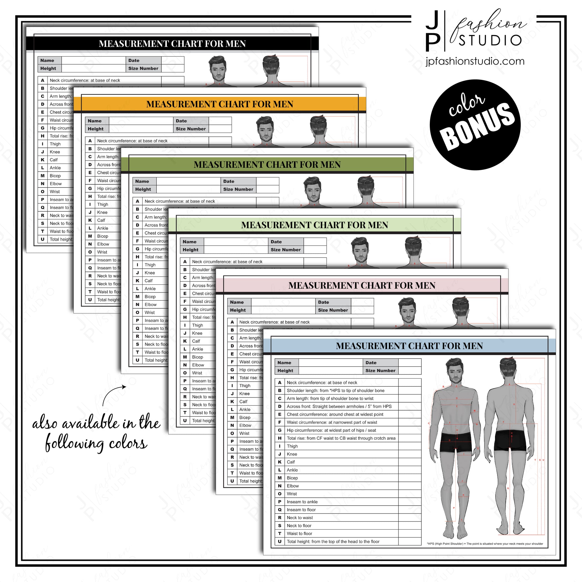 PRINTABLE Men's Body Measurement Sheet / Fashion Designer Template / Sewing Measurement Sheet / PDF & JPG - JPFashionStudio