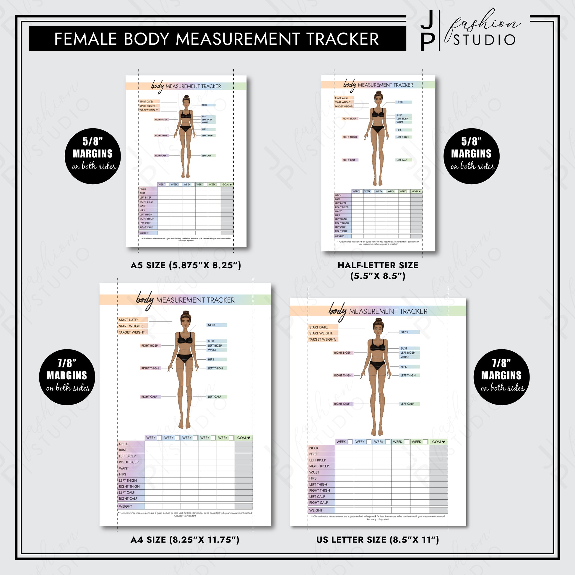 PRINTABLE Female Body Measurement Tracker, Weight Loss Tracker Printable, Weight Loss Planner, Diet Planner, Printable PDF, A4, A5, US Letter, Half Letter (Copy) - JPFashionStudio