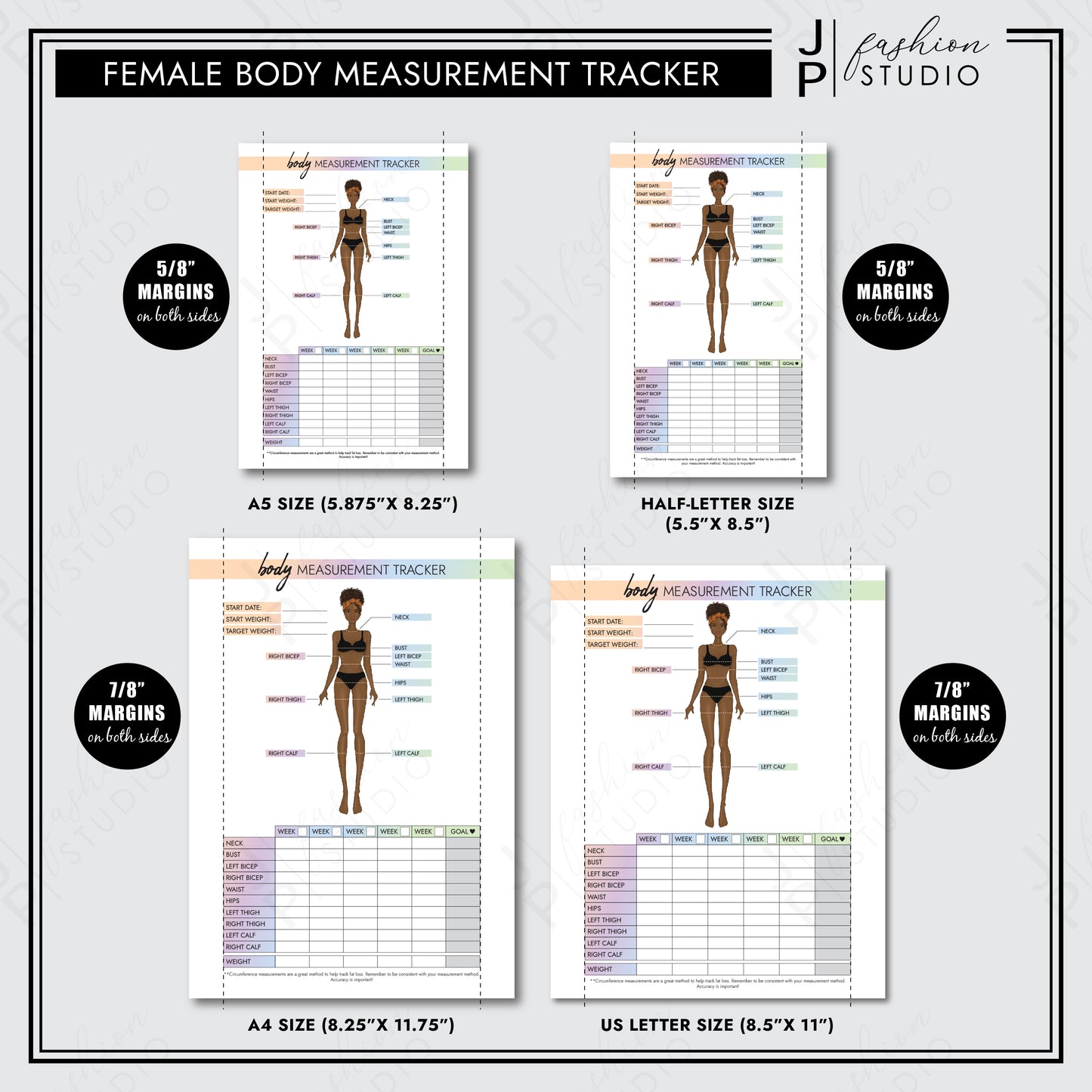 PRINTABLE Body Measurement Tracker for Black Women, Weight Loss Tracker Printable, African American Planner, Weight Loss Planner, Diet Planner, Rainbow Planner, Printable PDF, A4, A5, US Letter, Half Letter - JPFashionStudio