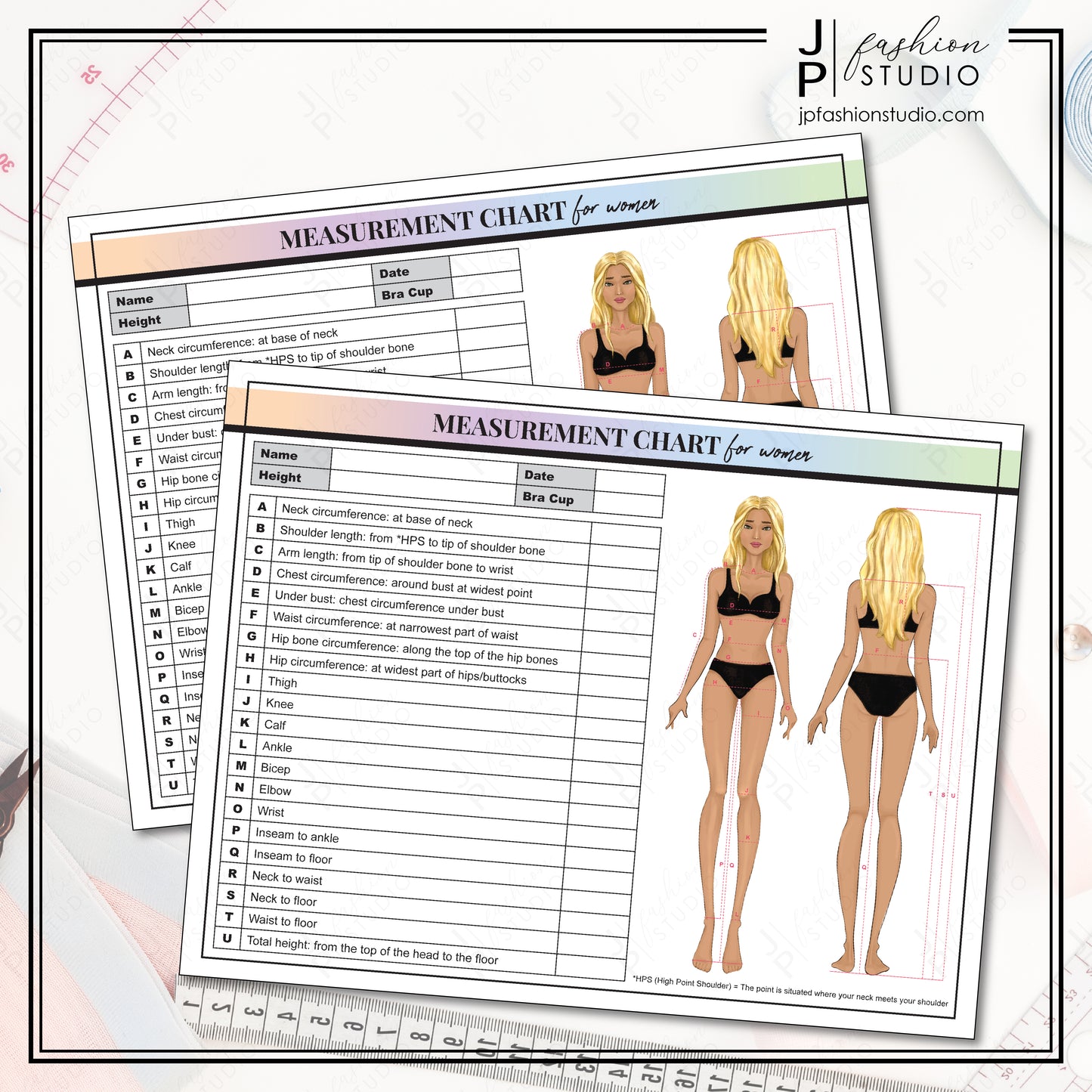 PRINTABLE Women Body Measurement Sheet, Fashion Designer Template, Sewing Measurement Sheet, Body Contouring, PDF, JPG, Blond Women