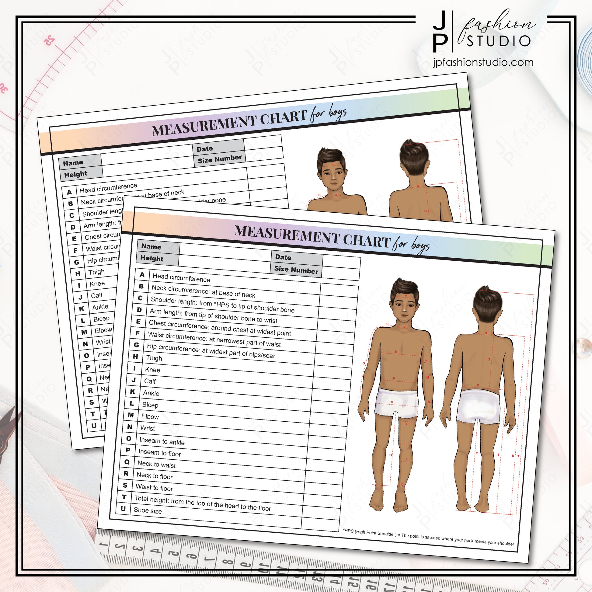 PRINTABLE Body Measurement Sheet for boys, Kids Fashion Designer Template, Children Sewing Measurement Sheet, PDF, JPG - JPFashionStudio