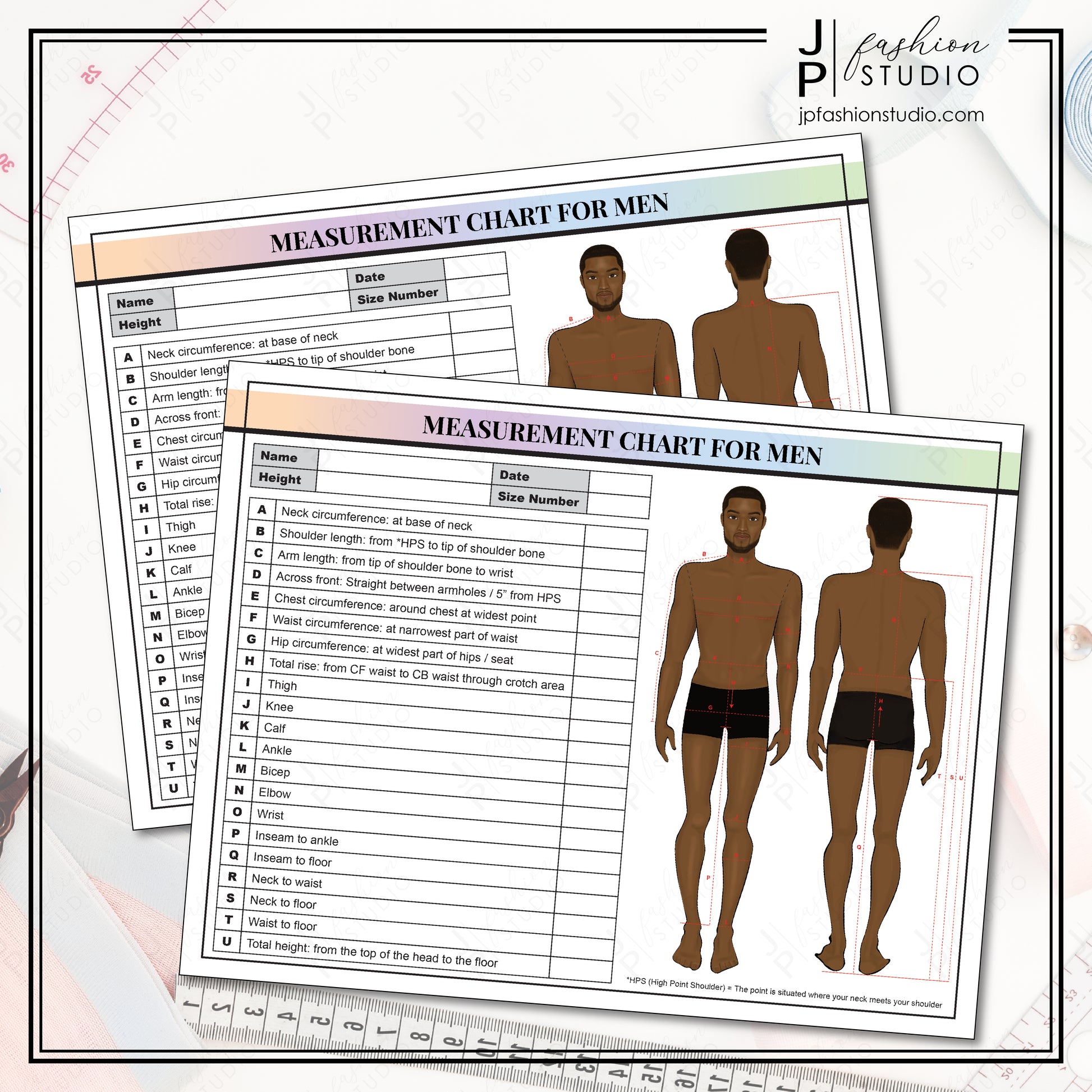 PRINTABLE Body Measurement Sheet for Black Men, Fashion Designer Template, African American Man, Sewing Measurement Sheet, PDF, JPG