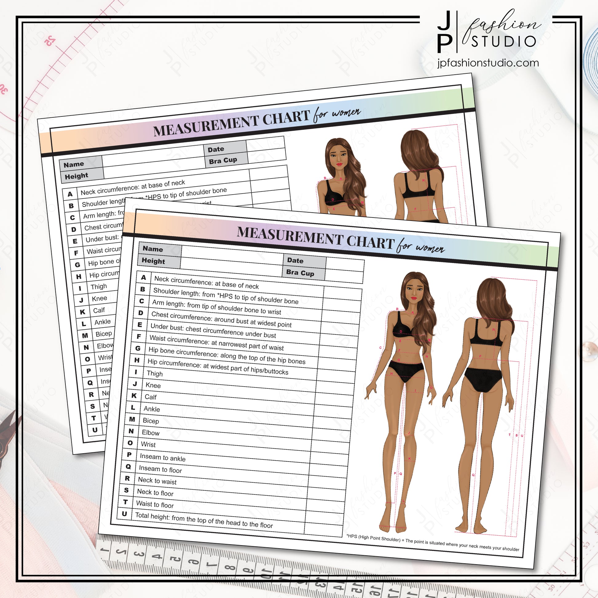 PRINTABLE Women Body Measurement Sheet, Fashion Designer Template, Sewing Measurement Sheet, Body Contouring, PDF, JPG, Chart with Long Brown Hair Women
