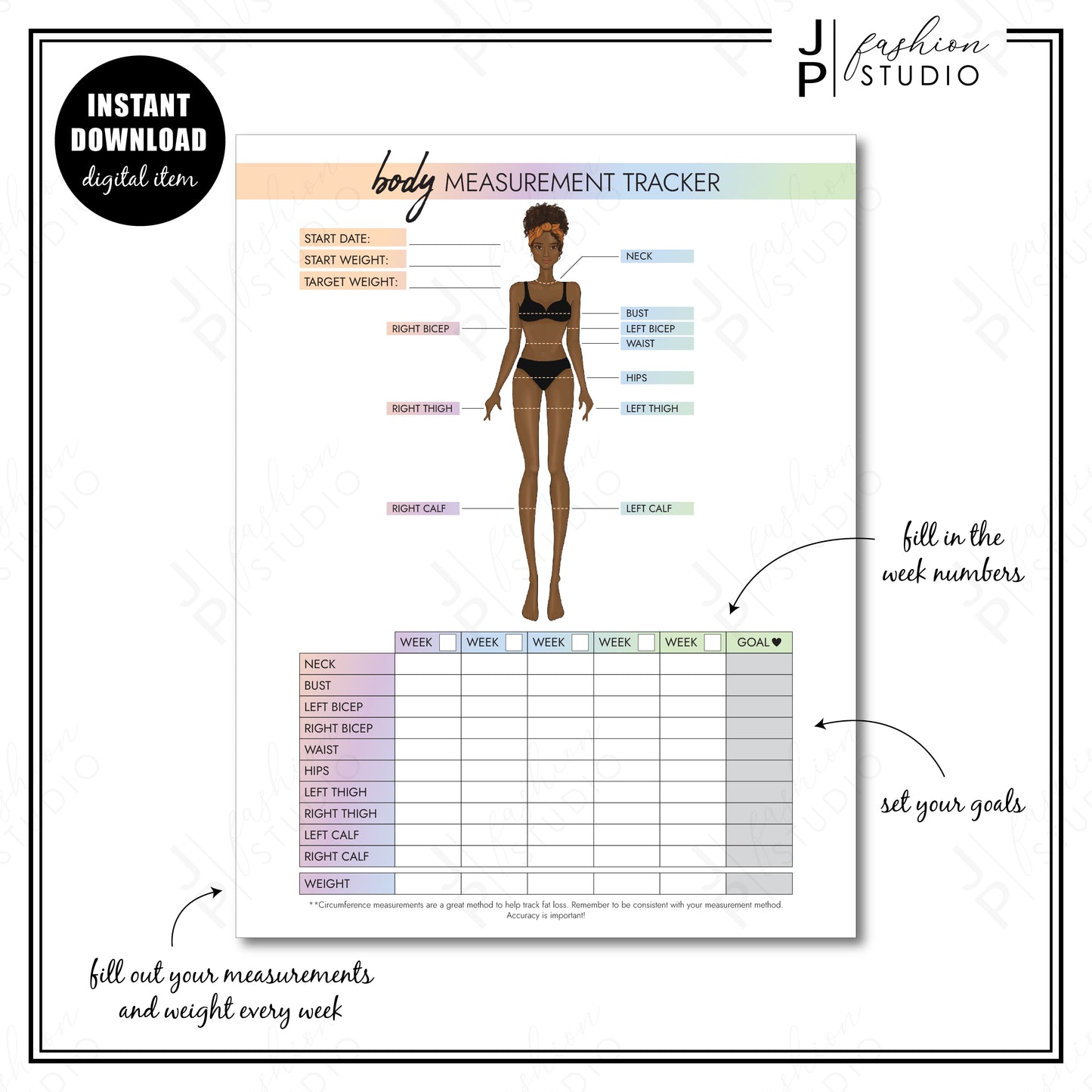 PRINTABLE Body Measurement Tracker for Black Women, Weight Loss Tracker Printable, African American Planner, Weight Loss Planner, Diet Planner, Rainbow Planner, Printable PDF, A4, A5, US Letter, Half Letter - JPFashionStudio