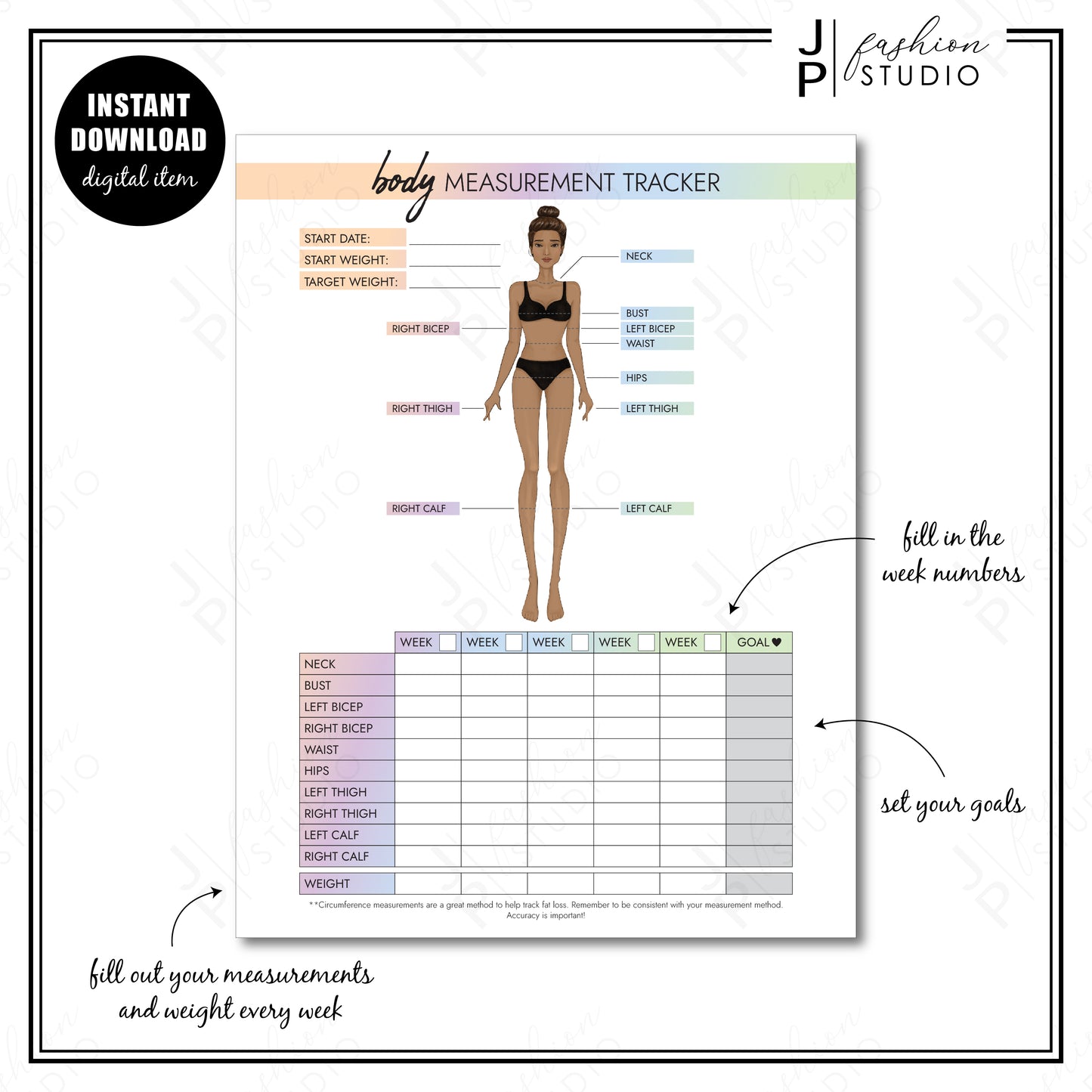 PRINTABLE Female Body Measurement Tracker, Weight Loss Tracker Printable, Weight Loss Planner, Diet Planner, Printable PDF, A4, A5, US Letter, Half Letter (Copy) - JPFashionStudio