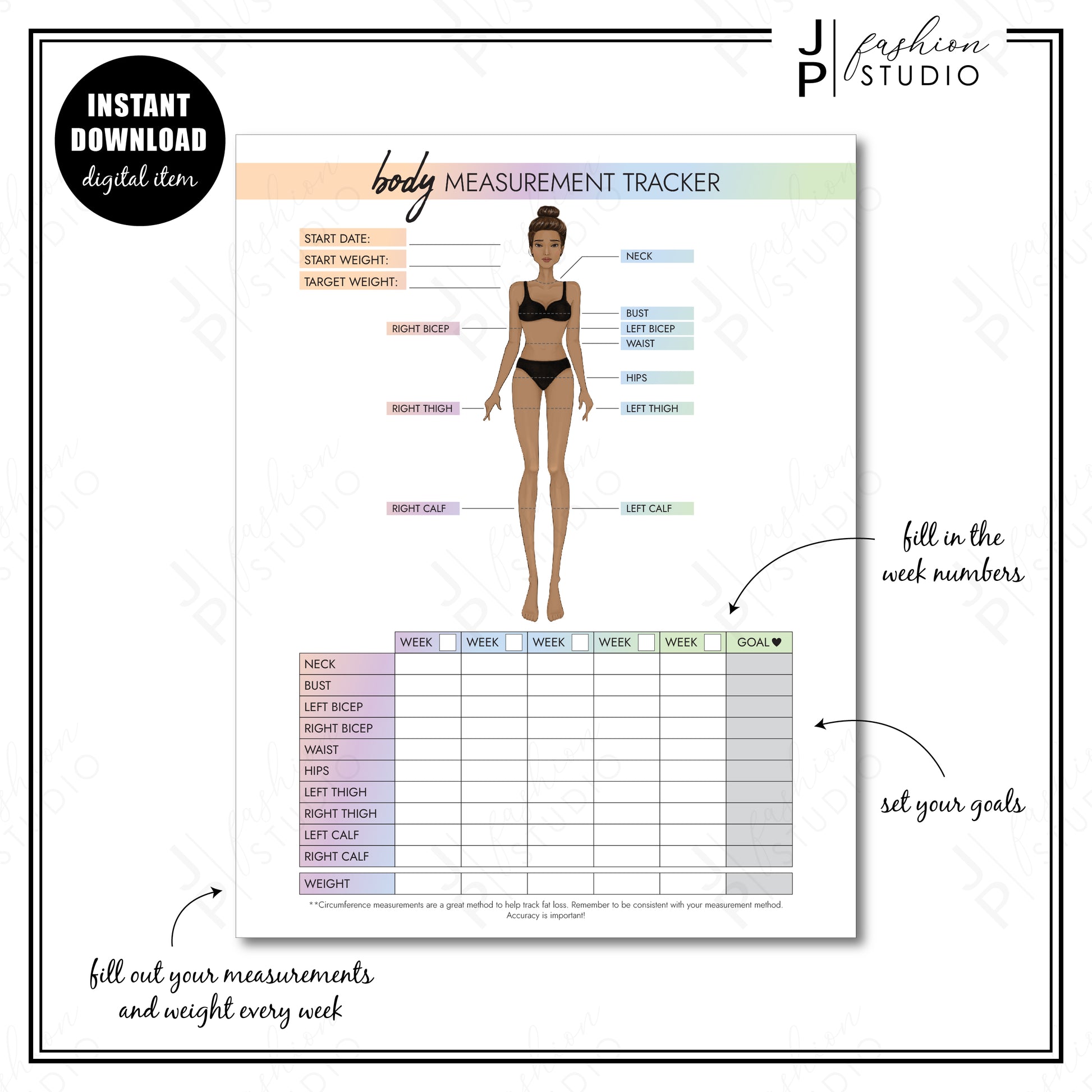 PRINTABLE Female Body Measurement Tracker, Weight Loss Tracker Printable, Weight Loss Planner, Diet Planner, Printable PDF, A4, A5, US Letter, Half Letter (Copy) - JPFashionStudio