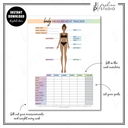 PRINTABLE Female Body Measurement Tracker, Weight Loss Tracker Printable, Weight Loss Planner, Diet Planner, Printable PDF, A4, A5, US Letter, Half Letter (Copy) - JPFashionStudio