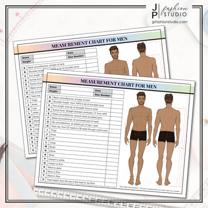 PRINTABLE Men's Body Measurement Sheet, Fashion Designer Template, Sewing Measurement Sheet , PDF , JPG