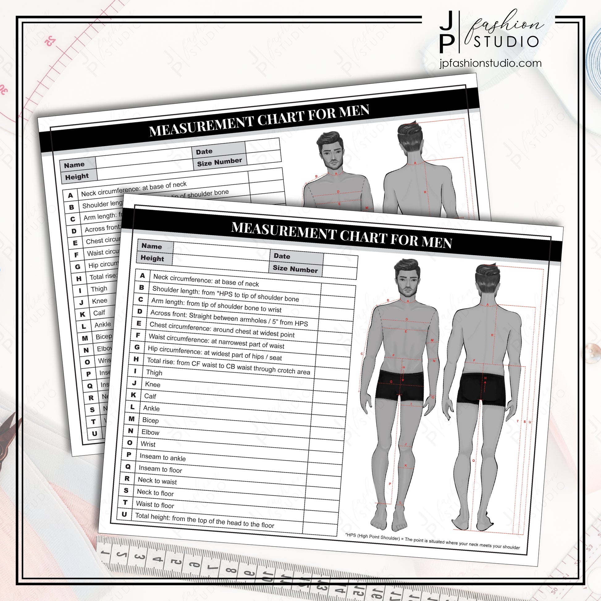 PRINTABLE Men's Body Measurement Sheet / Fashion Designer Template / Sewing Measurement Sheet / PDF & JPG - JPFashionStudio