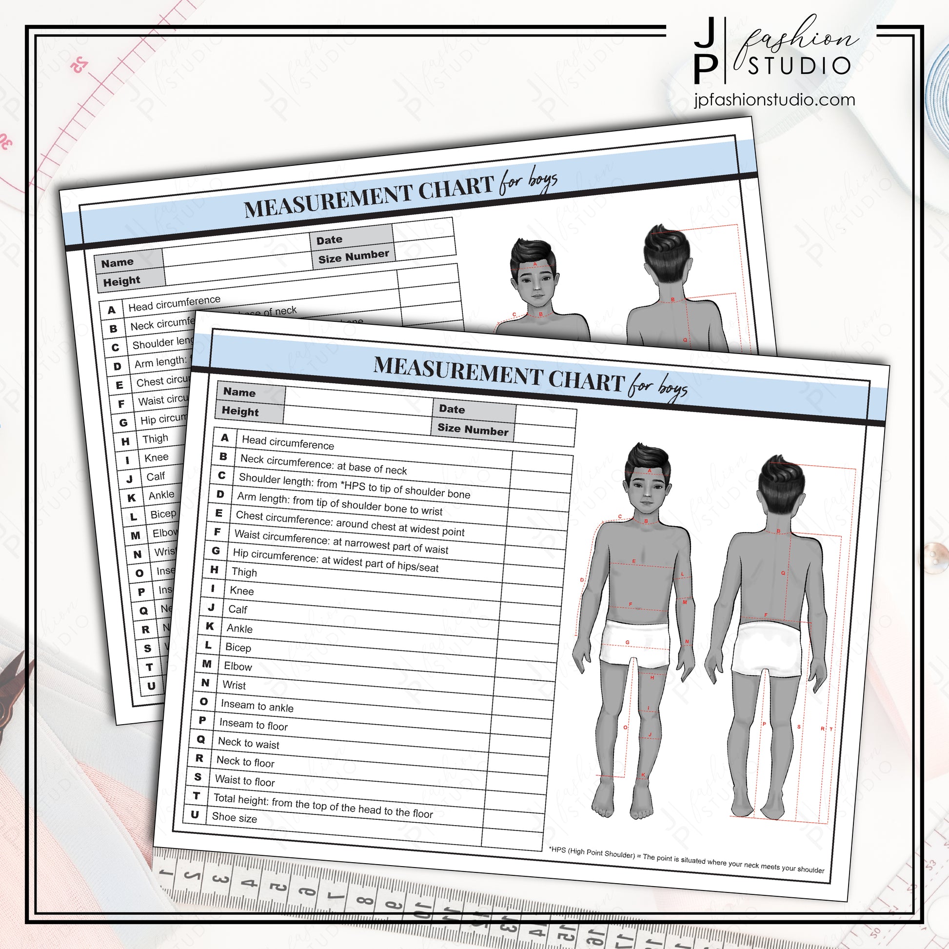 PRINTABLE Boys Body Measurement Sheet / Kids Fashion Designer Template / Children Sewing Measurement Sheet / PDF , JPG