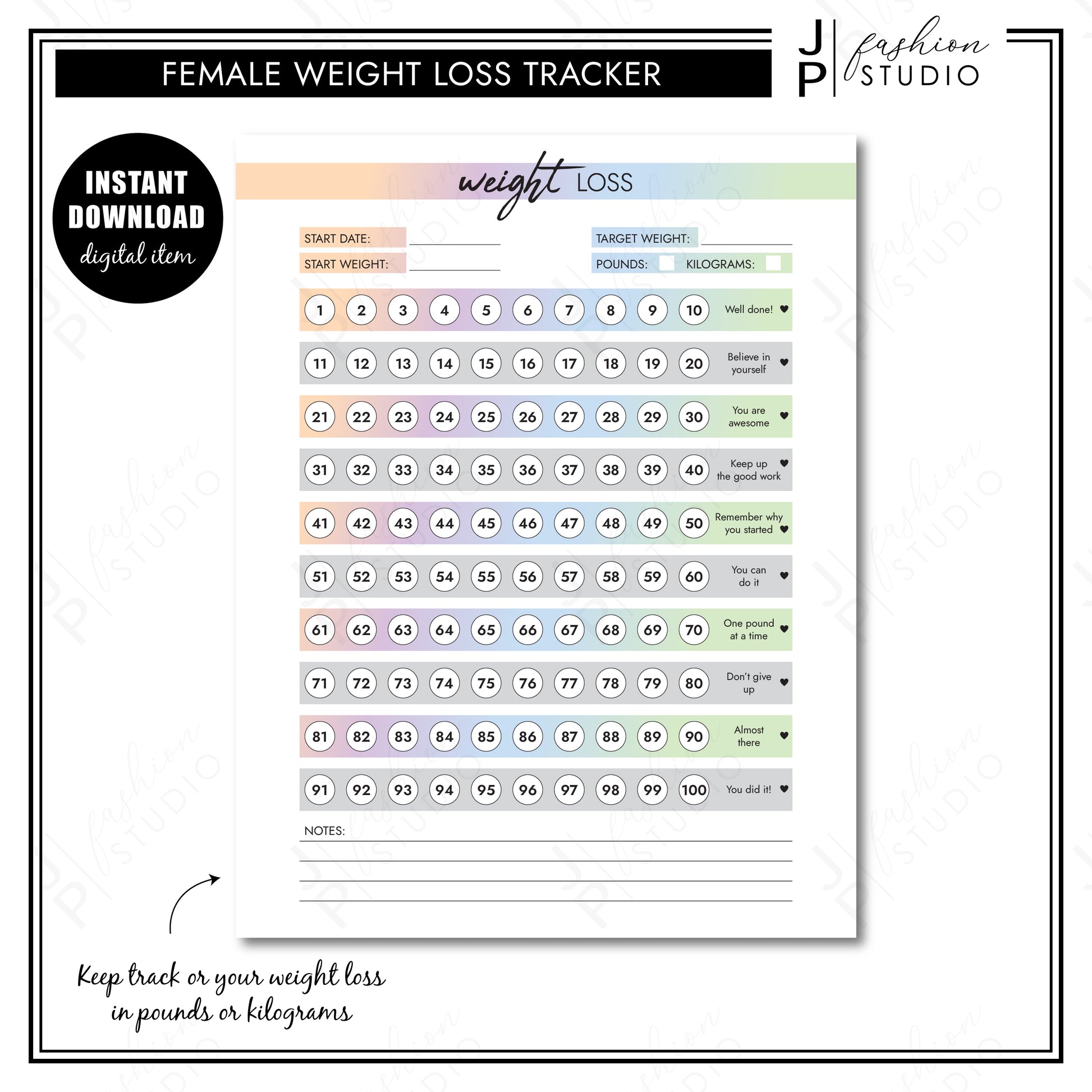 PRINTABLE Female Body Measurement Tracker, Weight Loss Tracker Printable, Weight Loss Planner, Diet Planner, Printable PDF, A4, A5, US Letter, Half Letter (Copy) - JPFashionStudio
