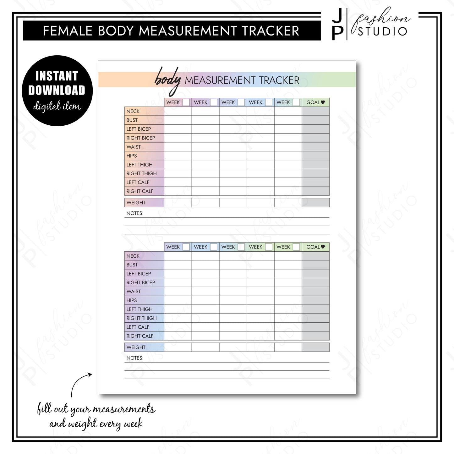 PRINTABLE Body Measurement Tracker for Black Women, Weight Loss Tracker Printable, African American Planner, Weight Loss Planner, Diet Planner, Rainbow Planner, Printable PDF, A4, A5, US Letter, Half Letter - JPFashionStudio