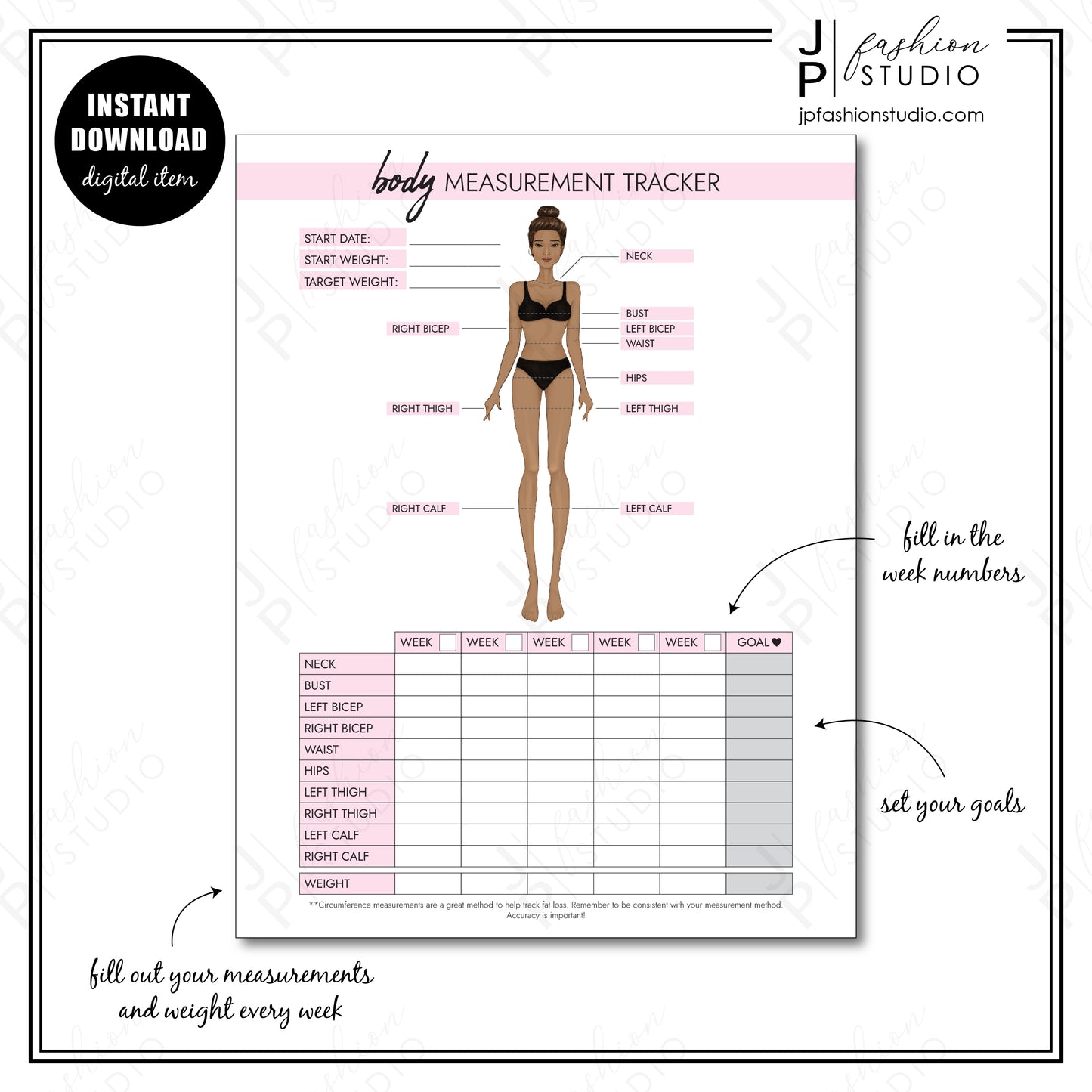 PRINTABLE Female Body Measurement Tracker, Weight Loss Tracker Printable, Weight Loss Planner, Diet Planner, PDF, A4, A5, US Letter, Half Letter