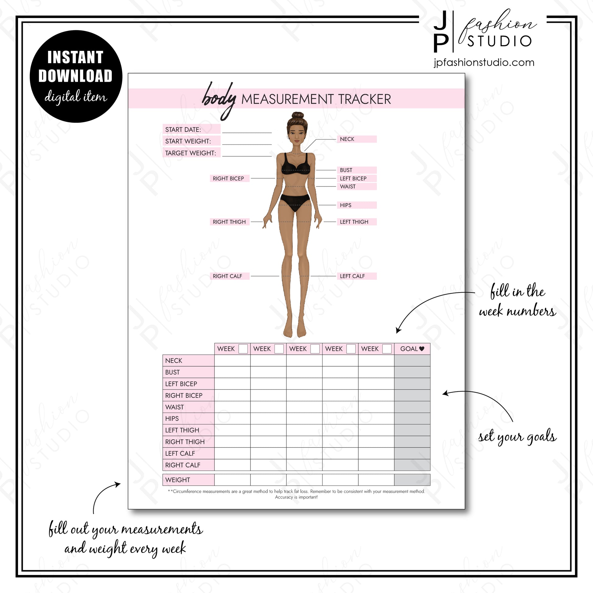 PRINTABLE Female Body Measurement Tracker, Weight Loss Tracker Printable, Weight Loss Planner, Diet Planner, PDF, A4, A5, US Letter, Half Letter