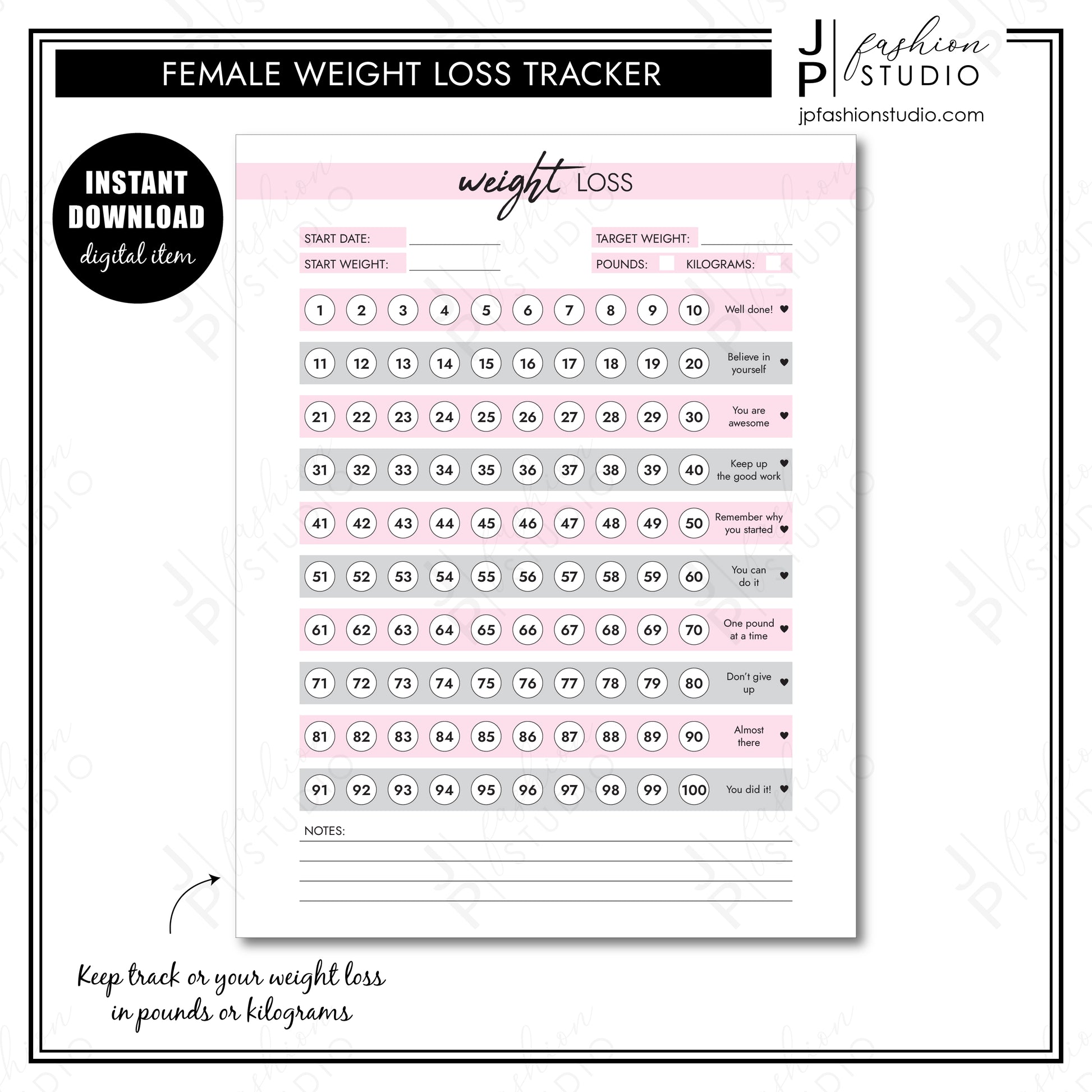 PRINTABLE Female Body Measurement Tracker, Weight Loss Tracker Printable, Weight Loss Planner, Diet Planner, PDF, A4, A5, US Letter, Half Letter
