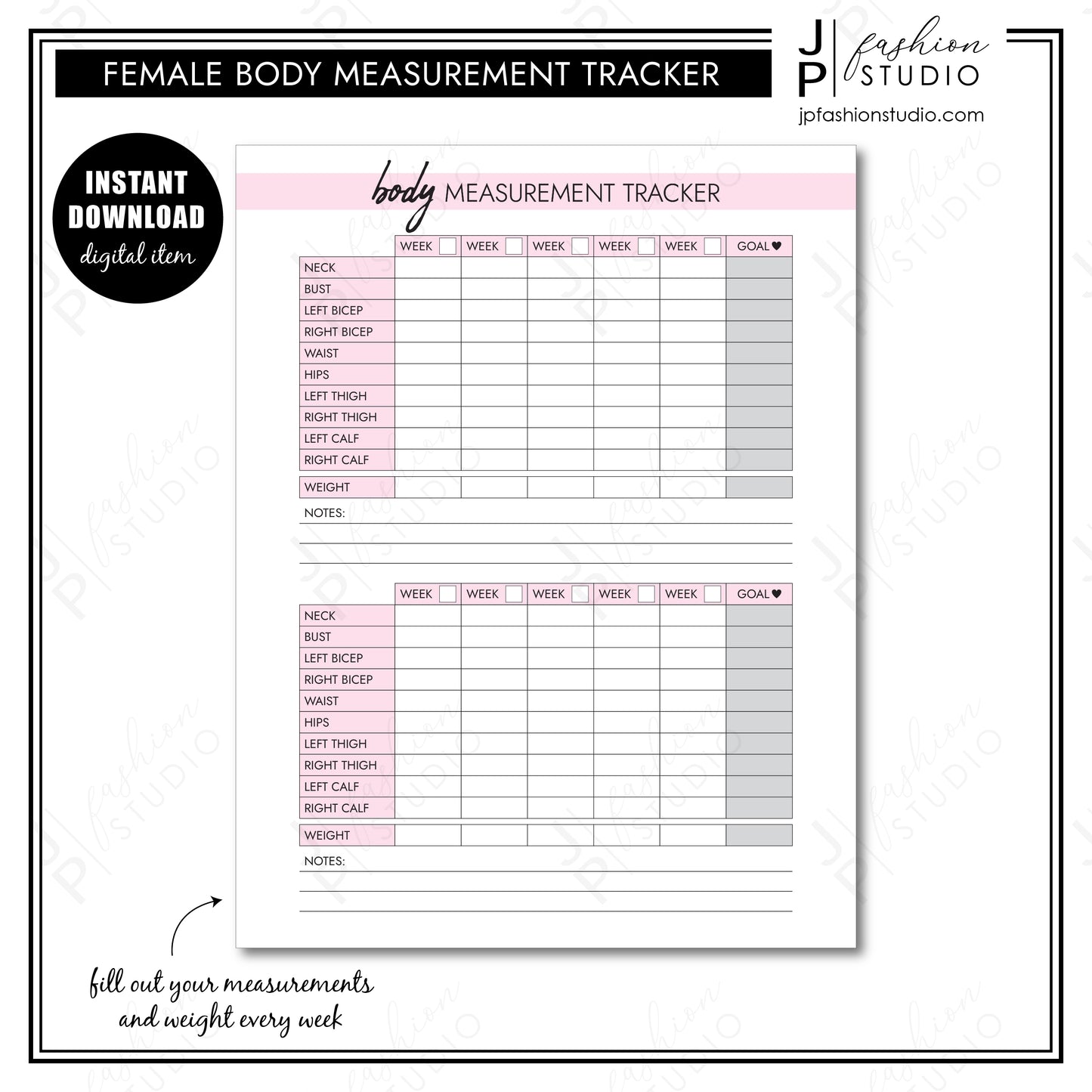 PRINTABLE Female Body Measurement Tracker, Weight Loss Tracker Printable, Weight Loss Planner, Diet Planner, PDF, A4, A5, US Letter, Half Letter