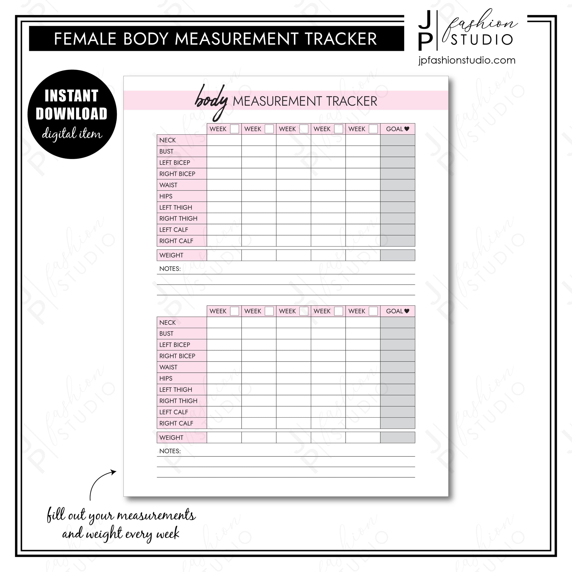 PRINTABLE Female Body Measurement Tracker, Weight Loss Tracker Printable, Weight Loss Planner, Diet Planner, PDF, A4, A5, US Letter, Half Letter