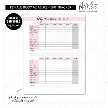 PRINTABLE Female Body Measurement Tracker, Weight Loss Tracker Printable, Weight Loss Planner, Diet Planner, PDF, A4, A5, US Letter, Half Letter