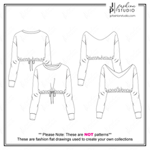 Load image into Gallery viewer, Women Crop Sweatshirts Sketches, Fashion Flat Sketches, Crop Tops Fashion Technical Drawings, Crew Neck, V-Neck, off shoulder top, elastic waist, fashion cad designs
