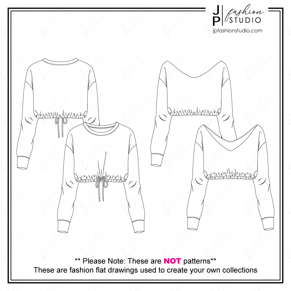 Women Crop Sweatshirts Sketches, Fashion Flat Sketches, Crop Tops Fashion Technical Drawings, Crew Neck, V-Neck, off shoulder top, elastic waist, fashion cad designs