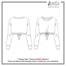 Load image into Gallery viewer, Women Crop Sweatshirts Sketches, Fashion Flat Sketches, Crop Tops Fashion Technical Drawings, Crew Neck, V-Neck, off shoulder top, elastic waist, fashion cad designs
