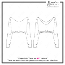 Load image into Gallery viewer, Women Crop Sweatshirts Sketches, Fashion Flat Sketches, Crop Tops Fashion Technical Drawings, Crew Neck, V-Neck, off shoulder top, elastic waist, fashion cad designs
