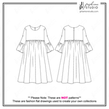 Load image into Gallery viewer, Women&#39;s Dress Sketch, Fashion Flat Sketches, Fashion Technical Drawings, Mini dress, Maxi dress, CAD Design, Flare sleeves, empire waist dress sketch, Girls Dress sketch, prairie dress sketch
