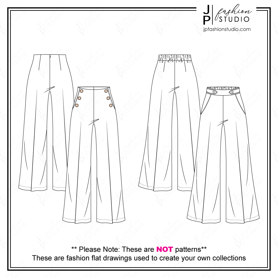 Women High Waist Pants Sketches (2 styles) / Fashion Technical drawing ...