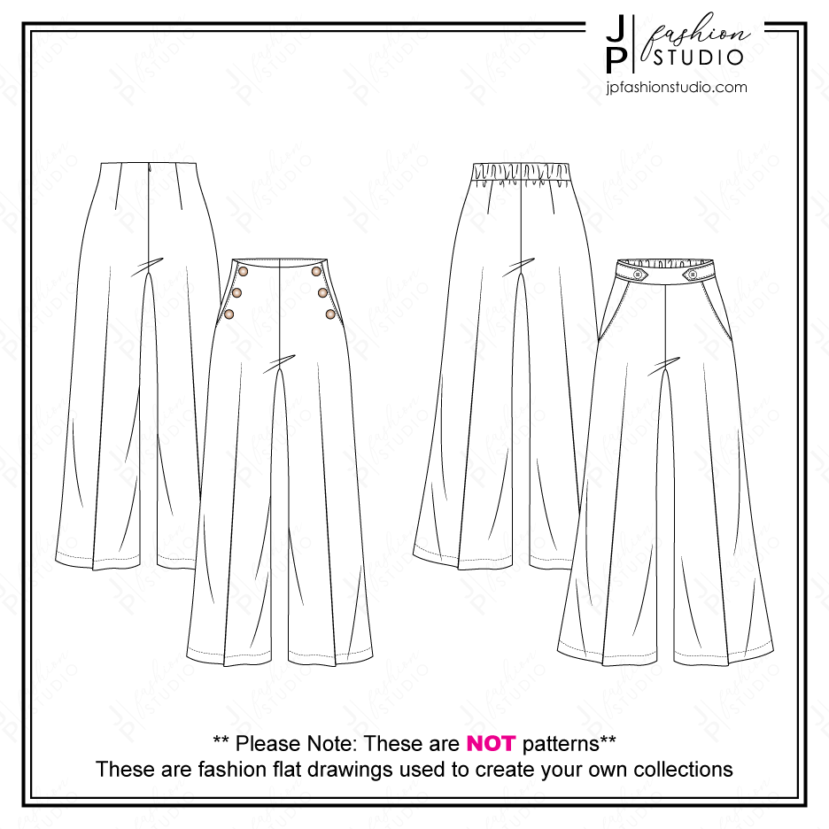 Women High Waist Pants Sketches, Sailor Pants Fashion Flat Sketches, Fashion Technical drawings, Wide Legs Pant, Flare pants, women's trousers