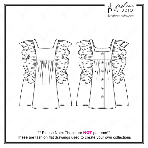 Girls Ruffle Blouse Sketch, Fashion Technical Drawing, Peasant Top with Frill detail Fashion Flat Sketch, Children's Clothing Design, Fashion Cad Design template for Adobe Illustrator, kidswear fashion sketches, prairie top, garment design, fashion figure