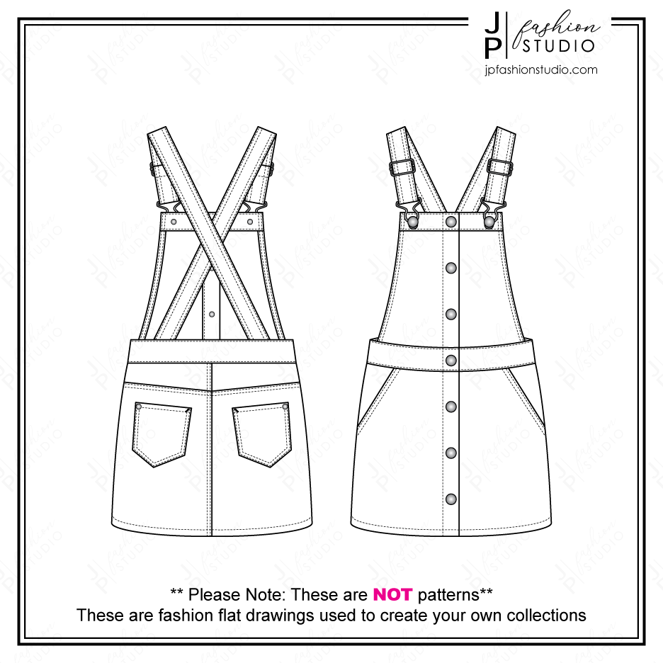 Girls Pinafore Dress Fashion Flat Sketch, Kids Jumper Dress Fashion Technical Drawing, Vector Fashion Template for Adobe Illustrator