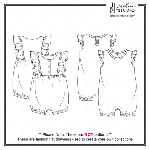 Baby Girls Romper Sketch, Kids Fashion Flat Sketches, One-Piece Technical Drawings, Fashion CAD Designs, romper with frills, baby girls jumpsuit, sleeper, bodysuit sketch