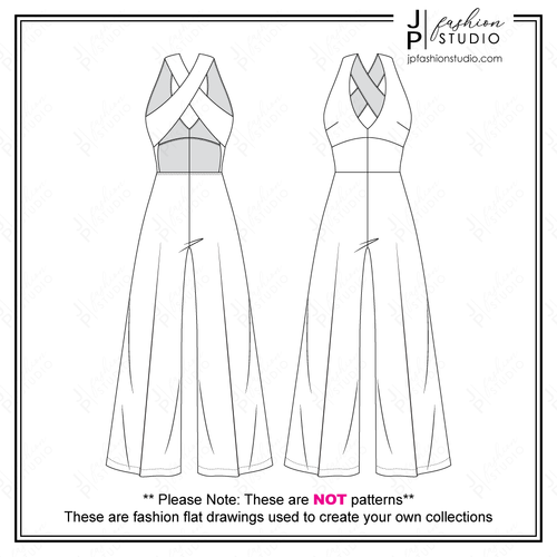 Women Jumpsuit sketch, Stretch Knit Jumpsuit, Halter Jumpsuit Fashion Flat Sketch, Wide Leg Jumpsuit Technical Drawing with low V-Neck and straps crossing at back, Women Fashion CAD design, fashion croquis for Adobe Illustrator
