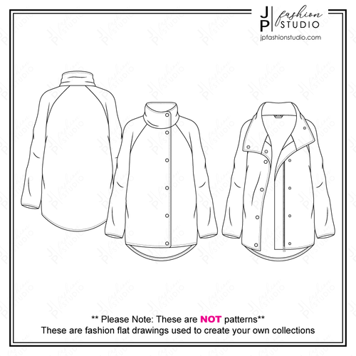 Women Jacket Fashion Flat Sketches, CAD Design, Outerwear Technical Drawing, Fashion Vector Template, Adobe Illustrator Templates, snap front jacket, zipper closure